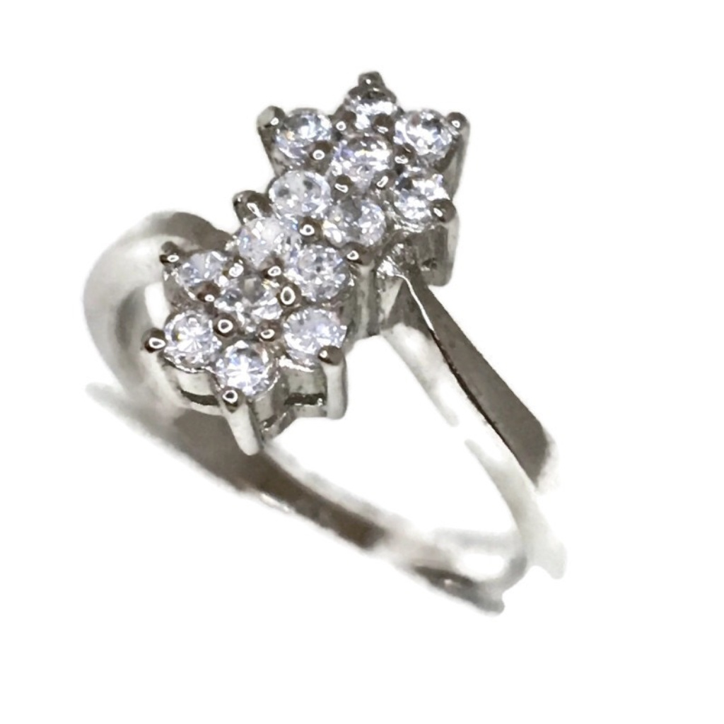 White Gold On Silver Ring Flowers White Cz Size 6